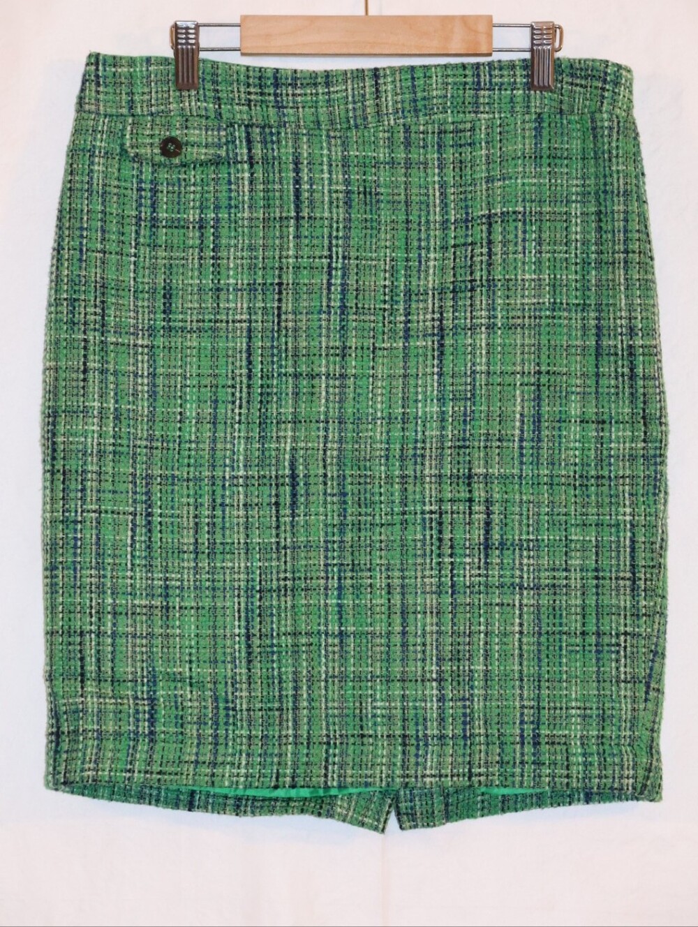 Kenar Green Plaid Cotton Tweed Pencil Skirt with Subtle Button Detail.
